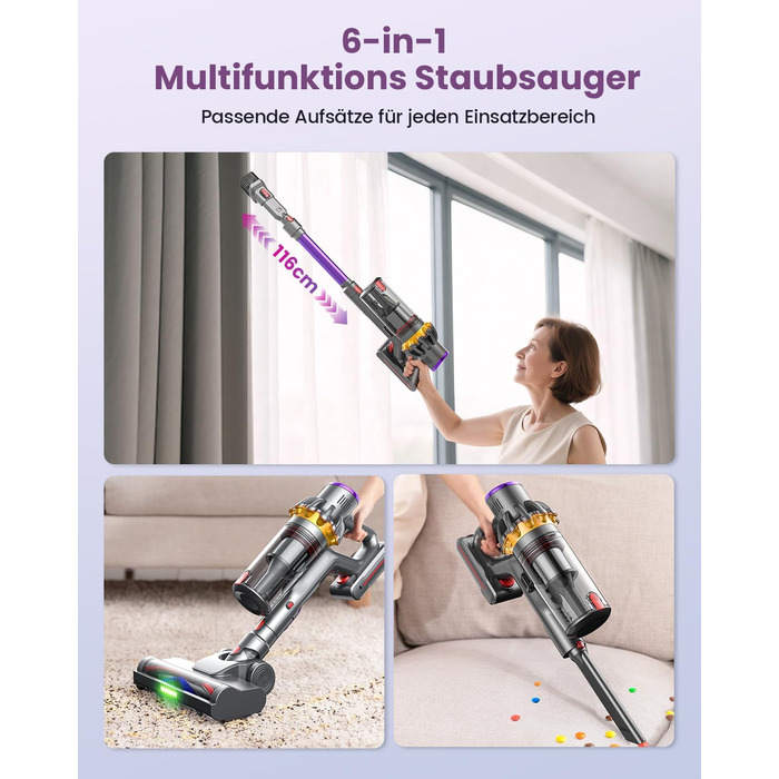 Бездротовий акумуляторний пилосос 45000 Па/580 Вт/70 хв, легкий, 6-в-1, з LED дисплеєм, станцією зарядки та насадкою проти спутання шерсті, для твердих поверхонь, килимів та шерсті тварин