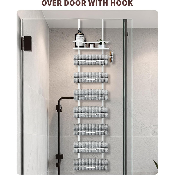 Настінний тримач для рушників на двері, 6 секцій, без свердління, для маленьких ванних кімнат, білий (8 тварин)