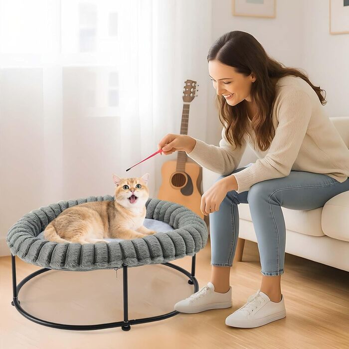 GUUSII HOME Підвищене ліжко для котів, гамак для котів, ліжко для великих котів, лежанка для кошенят, гамак для котів, диван для котів, ліжко для цуценят, диван з міцним металевим каркасом, знімне м'яке покриття, 58.5*43*21 см (Сірий)
