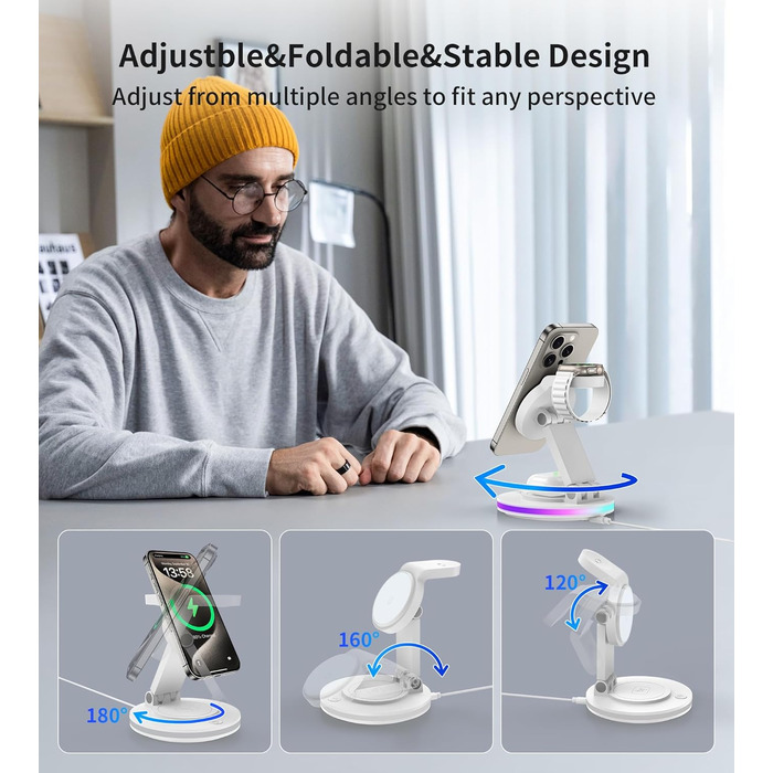 Бездротова зарядка MagSafe 3-в-1: зарядний стан для Apple Watch, iPhone 16/15/14 з нічним світлом, поворотний