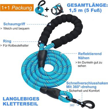 Нашийник для собак Haapaw без натягу, регульований, світловідбиваючий, Оксфорд, зручне керування, середній розмір, міцна собача лінія, синій (1 шт.)