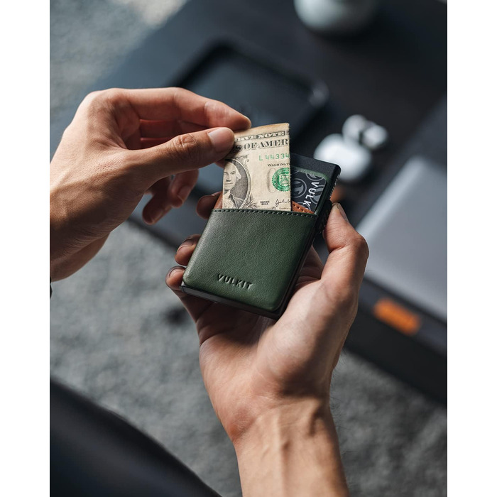 Чоловіче кредитне портмоне VULKIT з металу та шкіри, автоматичне відкривання, RFID NFC захист, slim дизайн, на 5-9 карт, зелений