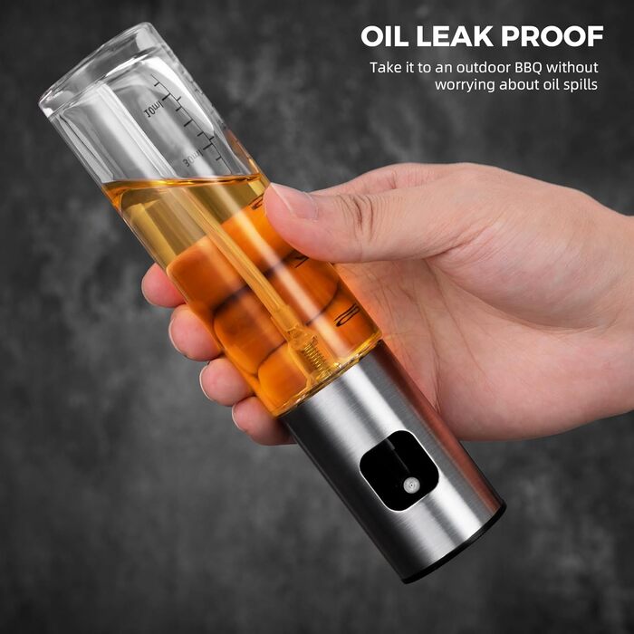 Спрей для олії, скляна пляшка 100 мл, розпилювач для оливкової олії, для кухні, салату, грилю, випічки (легована сталь)