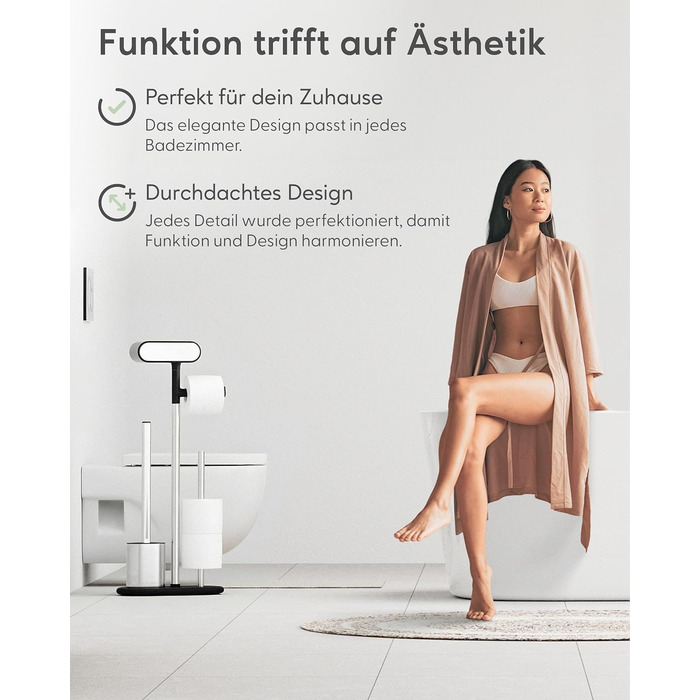 QUALISH Stainless Steel Toilet Paper Holder with Brush - Standing Toilet Paper Roll Holder with Silicone Brush - White & Black Finish