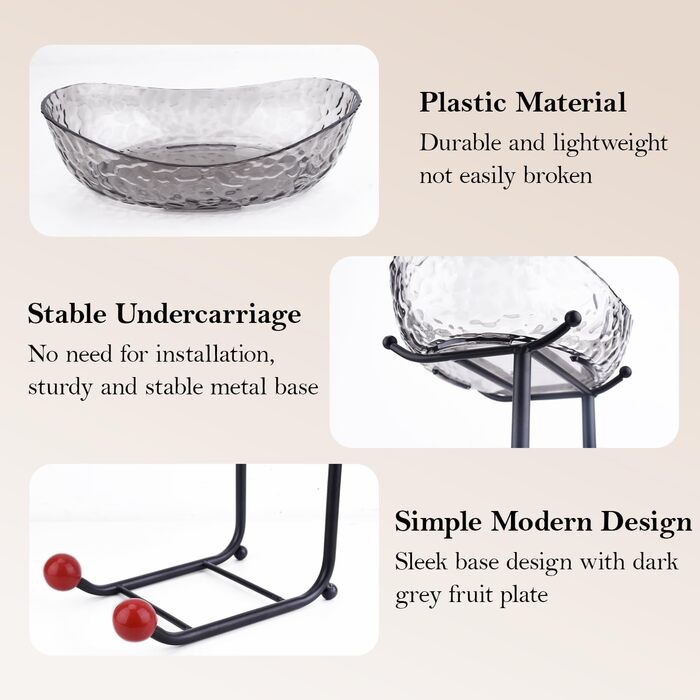 Пластикова підставка для фруктів Asaiy – 3 яруси, овальна корзина з металевим каркасом, сірого кольору. Організатор для фруктів, овочів, снеків та солодощів.