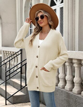 Жіночий в'язаний кардиган Zeagoo з довгим рукавом, вільний крій, V-подібний виріз, грубий в'язання, бежевий колір, для осені та зими