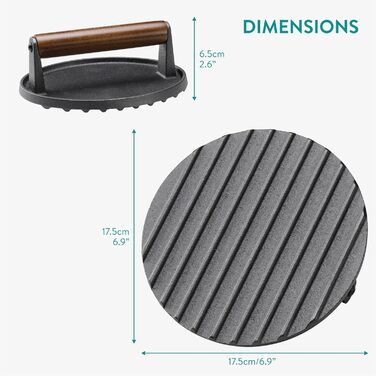Navaris Smashed Burger Press - Cast Iron Burger Press - Prepare Burgers Healthy and Delicious - Grill Press - Meat Press - 17.5 x 17.5 cm - Round Cast Iron