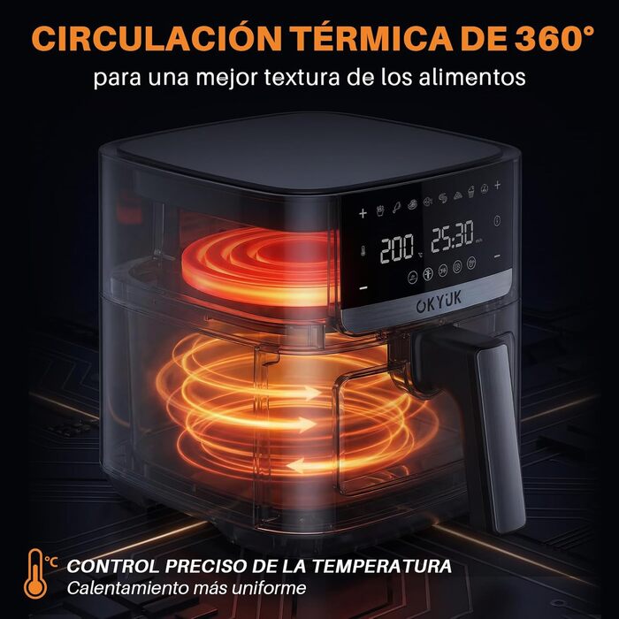 Аерофритюрниця OKYUK 6л XL 1200W з металевим внутрішнім резервуаром: безмасляна фритюрниця з 8 програмами, LED-дисплеєм, таймером