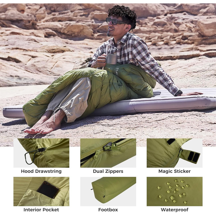 Спальний мішок ATEPA 0°C, чорний, для дорослих, 4-сезонний, водонепроникний, комфортна температура 6°C, межа 1°C, для кемпінгу та подорожей