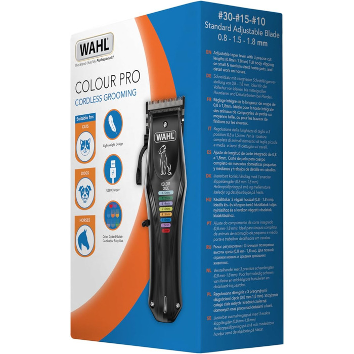 WAHL Animal Color Pro: бездротова машинка для стрижки собак з набором кольорових насадок, тиха, акумуляторна, чорна