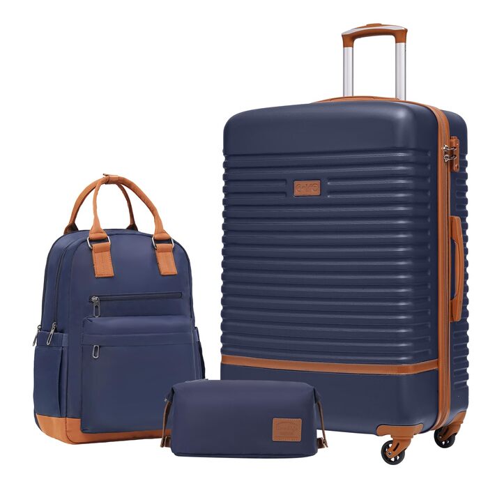Набір валіз COOLIFE 3 шт. з ABS, TSA-замок, 4 колеса + рюкзак + органайзер (синій/коричневий)