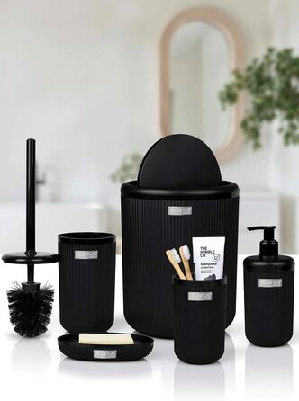 Набір аксесуарів для ванної кімнати Luxus Modern: тримач для зубних щіток, стакан, контейнер для ватних паличок, тримач для туалетного йоржика, мильниця, сміттєвий бачок, дозатор мила (5 предметів, чорний)