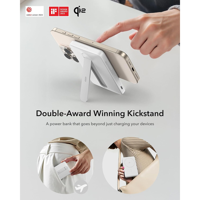 Power Bank ESR MagSafe QI2 з бездротовою магнітною зарядкою, 15W, 5000mAh, USB-C, білий (з підставкою)