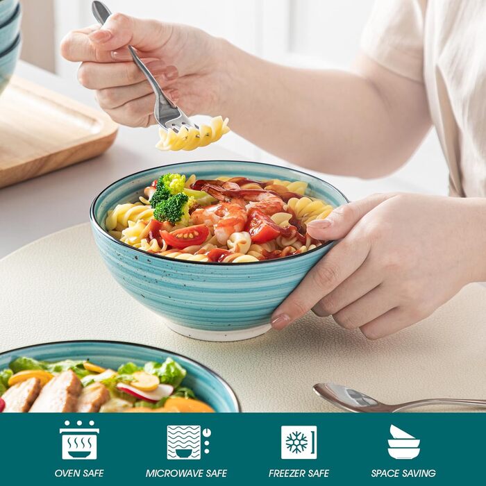 Набір керамічних мисок Vancasso Bonbon (6 шт., 840 мл) – для супу, салату, пасти, мюслі. Керамічні миски для кухні, дому та ресторану, блакитні