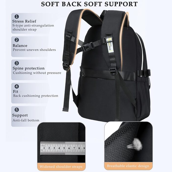Шкільний рюкзак для підлітків дівчаток та хлопців, рюкзак у школу з багатьма кишенями, водонепроникний шкільний ранець великого розміру з відділенням для ноутбука 15,6' чорного кольору