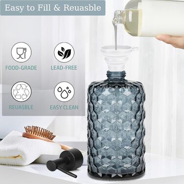 Скляний дозатор для мила 500 мл з хвильовим дизайном для ванної кімнати та кухні, з чорною пластиковою помпою, дерев'яними етикетками та воронкою (вугільно-блакитний)