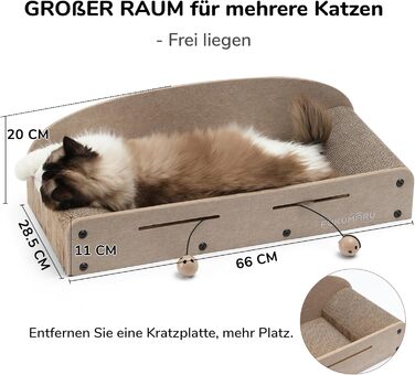 Cat Scratch Board, 66CM Durable Scratch Cardboard and Felt, Large Lounger, 2 Reversible Cat Scratch Pads for Cats, Recyclable Cardboard Cat Bed with Bell Ball Toy, Caramel Color (Large Format Beige)