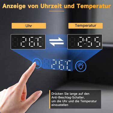 Дзеркало для ванної кімнати SONNI з підсвічуванням 80x60 см, 3 кольори світла, проти запотівання, LED, сенсорна кнопка, годинник, температура, 3-кратне збільшення