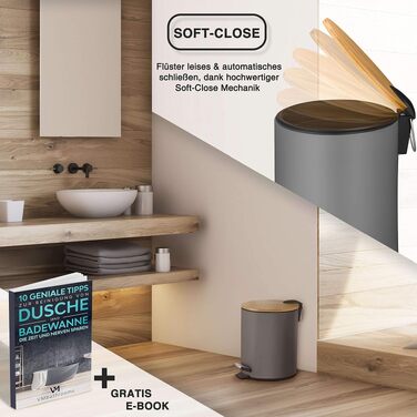 Смітник для косметики VMbathrooms на 3-5 л з педаллю, бамбуковою кришкою та системою Soft-Close, сірий матовий