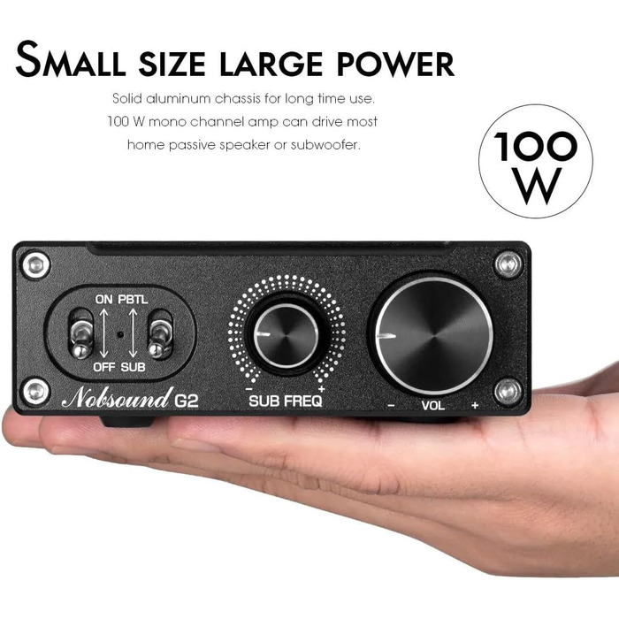 Підсилювач сабвуфера Nobsound G2, 100 Вт, моно, для пасивних сабвуферів та бас-шейкерів, з регулятором гучності, домашній аудіо підсилювач