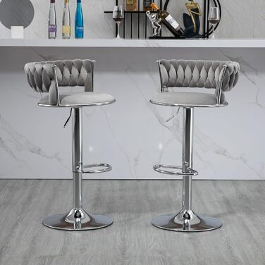 Adjustable Velvet Bar Stools 2-Pack with Backrest & Armrests - Ergonomic Swivel Bar Stools with Handwoven Velvet & Gold Legs for Kitchen Island, Bar, Restaurant - Includes Footrest (Silver, Grey)