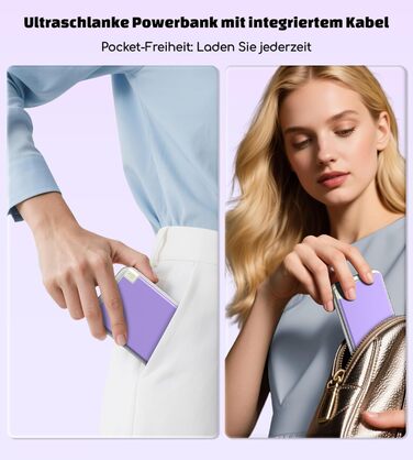 Power Bank Auskang 5000mAh Slim з кабелем для iPhone (сумісний з iPhone 14 та попередніми моделями) - фіолетовий+білий, 0.68 см