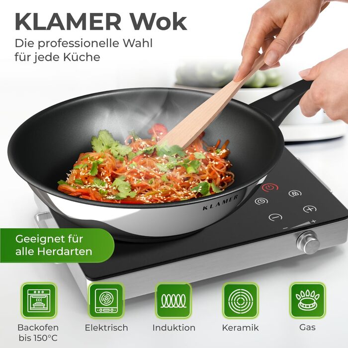 KLAMER Wok з нержавіючої сталі з антипригарним покриттям, професійний, для індукційних плит, з високим бортиком, сумісний з духовкою та посудомийною машиною