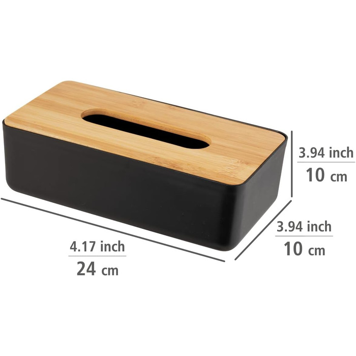 WENKO Косметична коробочка Rotello, для серветок/косметичних тканин, бамбуковий кришка, 24 x 7,5 x 12,7 см, чорний/натуральний чорний