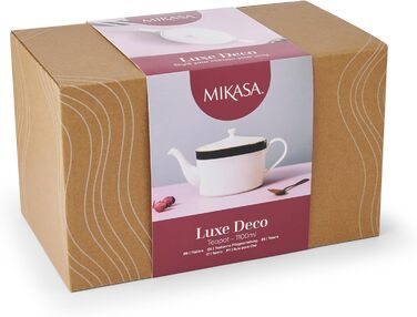 Mikasa Luxe Deco Porcelain Teapot, large 4-cup teapot with filter, 1.1L, Art Deco print and genuine gold accents, dishwasher safe