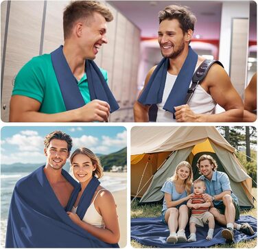 Набір з 3 рушників з мікрофібри: великий 180x90 см та 2 маленькі 80x40 см. Швидковисихаючі рушники з мікрофібри для спорту, подорожей, басейну та пляжу (темно-синій)