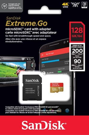 Карта пам'яті microSDXC SanDisk Extreme Go 128 GB UHS-I U3 V30 (до 200 МБ/с) для смартфонів, планшетів, екшн-камер та дронів, 4K UHD