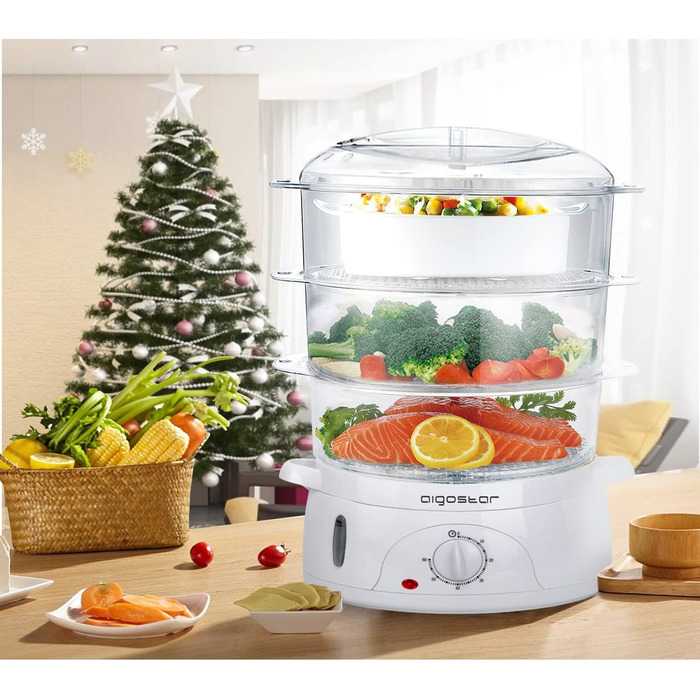 Пароварка Aigostar Fitfoodie 30CFO, 9 л, 800 Вт, 3 яруси, BPA Free, з таймером