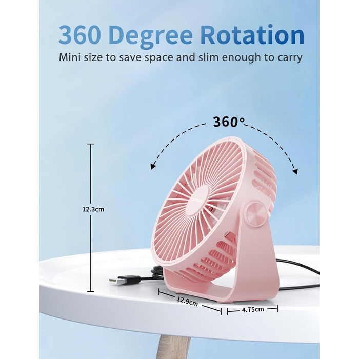 Триполю USB Настільний Вентилятор, 3 швидкості, регульований, потужний потік повітря, 360° обертання, кабель 1,5 м, рожевий, компактний міні-вентилятор