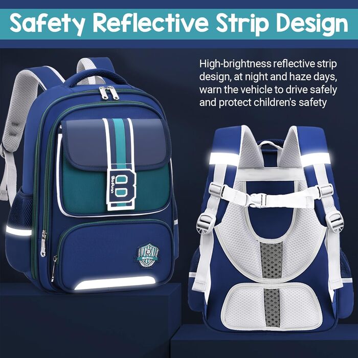 Шкільний рюкзак для хлопчика IvyH, 2-5 клас, 20 літрів, ергономічний, водонепроникний, для початкової школи, 8-12 років (темно-синій, зелений)