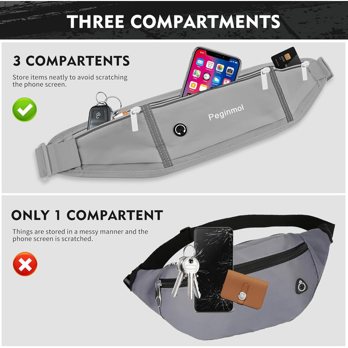 Пояс для телефону для бігу, спортивна сумка для джогінгу, водонепроникний пояс на пояс для чоловіків та жінок з 3 кишенями, велика місткість, регульований біговий пояс (Чорний + Зелений) (Сірий)