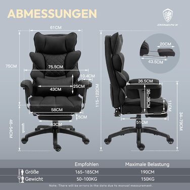 Ігровий крісло Dowinx, ергономічний офісний крісло з кишеньковим пружинним подушками, крісло для начальника з двошаровою м'якою спинкою та регульованою поперековою подушкою, підлокітниками та підставкою для ніг (Тканина, Чорний)