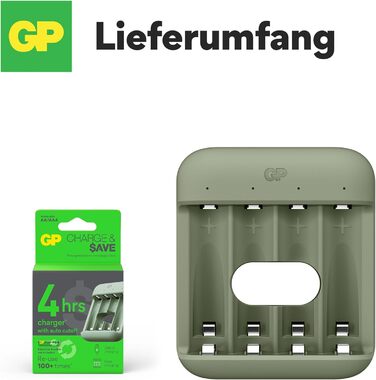 Зарядний пристрій GP Charge&Save для батарейок AA AAA з USB-C, 4 слоти, швидка зарядка, LED-індикатор, компактний дизайн