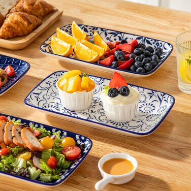 Набір сервірувальних тарілок Vancasso SELENE (6 шт.) - великі, прямокутні, порцелянові, для свят, сніданків, фуршетів, сирної тарілки, мікрохвильова піч та посудомийна машина, блакитно-білі