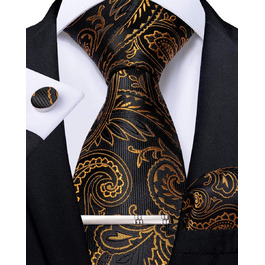 Краватка з візерунком пейслі DiBanGu, шовкова краватка, нагрудна хустинка, запонки, затискач для краватки - чорний та золотий для весілля та балу