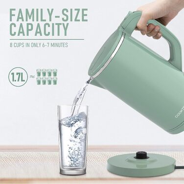 Cooktron Leiser Kettle, Stainless Steel Kettle 1.7L, Extra Quiet <30dB, BPA-Free, 2000W, Cool Touch, Double-Walled Design, Fast Heating, Green 1.7 Liter Green