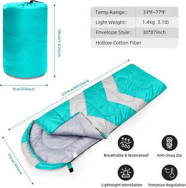 Zusentee 3-4 Season Sleeping Bag - Waterproof, Lightweight, Ultralight Sleeping Bag for Adults & Kids - Camping, Hiking, Travel (Seablu)