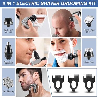 Електричний голкострум для голивної голови Glatzen Rasierer: 7D плаваюча головка, ротаційний голкострум 6-в-1, вологостійкий, для догляду за обличчям (сріблястий)