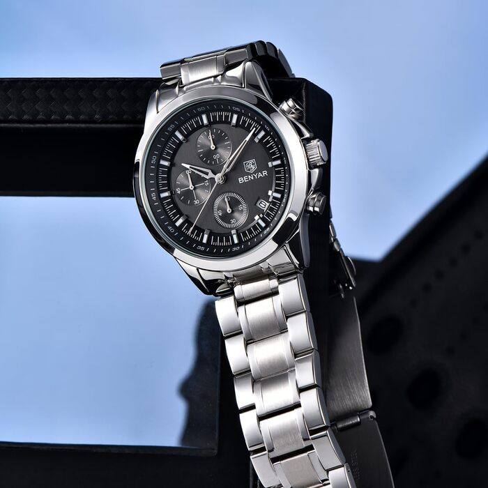 Годинник чоловічий Benyar Chronograph Аналоговий кварцовий, водонепроникний, з датою, світлодіодна підсвітка, стильний бізнес-годинник для чоловіків, сталевий чорний корпус