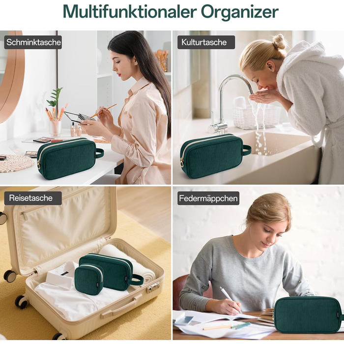 Косметичка жіноча KALIDI з корду, з відділеннями, металева блискавка, для подорожей, зелена