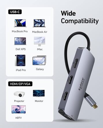 Док-станція для 2 моніторів, USB-C хаб 8 в 1: адаптер DisplayPort, HDMI, VGA, USB 2.0, PD 100W, для ноутбуків Dell, Thinkpad, Huawei (сірий)