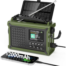 Радіоприймач Kurbelradio з DAB/DAB+/UKW, акумулятор 12000mAh, сонячна панель 8500mm², ручний генератор, Bluetooth 5.0, ліхтарик та світло для читання, для відпочинку на природі, кемпінгу, зелений
