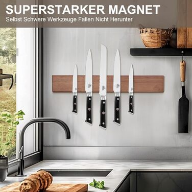 ENOKING Magnetic Knife Strip, Self-Adhesive, 40 cm, Acacia Wood Knife Magnet Strip, Magnetic Knife Holder with Extra Strong Magnet, Magnetic Knife Holder for Knives and Kitchen Utensils