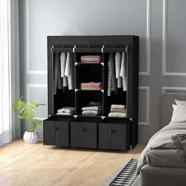 HOMCOM Fabric Wardrobe, Foldable Clothes Closet with Clothes Rod & Drawers, Folding Closet with Zipper, Fabric Closet for Bedroom, Black, 125 x 43 x 162.5