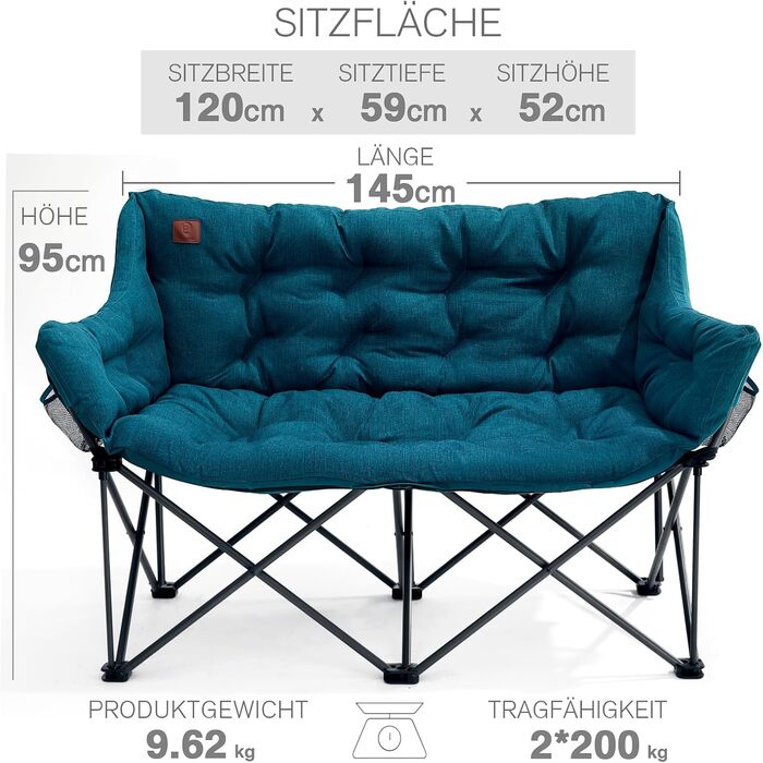 Кампінговий стілець-диван EVER ADVANCED для 2 осіб, 145 см, зелений - міцний, складаний, з високою спинкою, для відпочинку на природі, саду, балкону