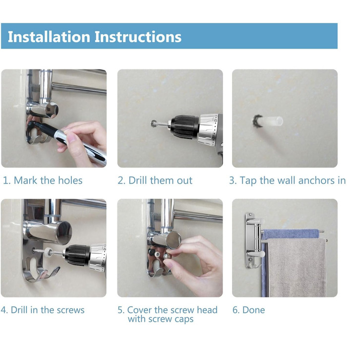 Поворотний тримач для рушників JSVER на 180° з нержавіючої сталі, 4-х віяльний, для ванної, кухні та гардеробу (срібло)